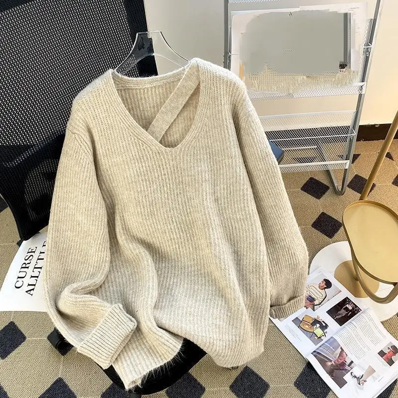 

Kawaii модные топы сексуальные повседневные женские S одежда с v-образным вырезом ажурный вязаный свитер женский зимний толстый дизайн ниша ленивый стиль