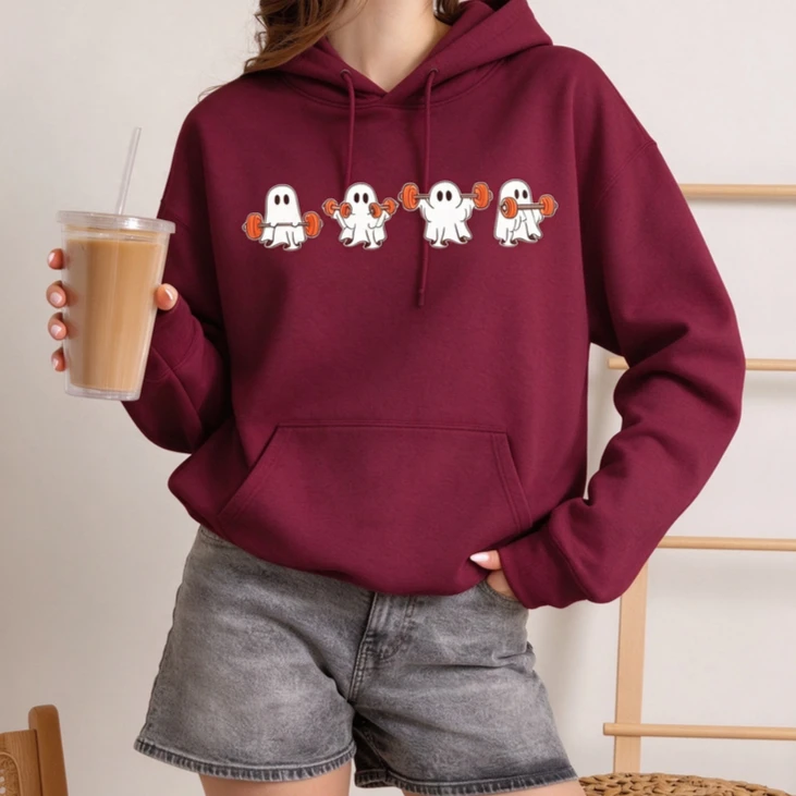 Moletom com capuz feminino fofo para Halloween, com estampa de quatro fantasmas assustadores levando barra, ideal para treino de musculação, top casua
