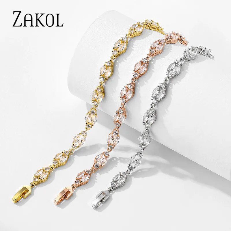 ZAKOL Trendy White Color Leaf Charm Cubic Zirconia Bracelet & Bangles Clear CZ Crystal Bride Jewelry for Women BP2183