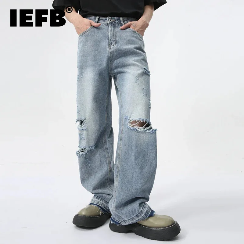 

IEFB Trendy Men's Straight Jeans Broken Hole Design Summer New Streetwear American Style Wide Leg Denim Pants 2024 9C5979