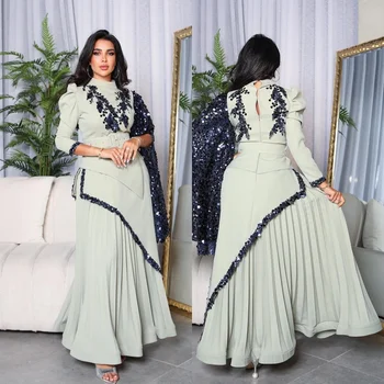 Abiti midi personalizzati con applicazioni in jersey con paillettes drappeggiate da festa a trapezio con colletto alto su misura Abiti midi Arabia Saudita