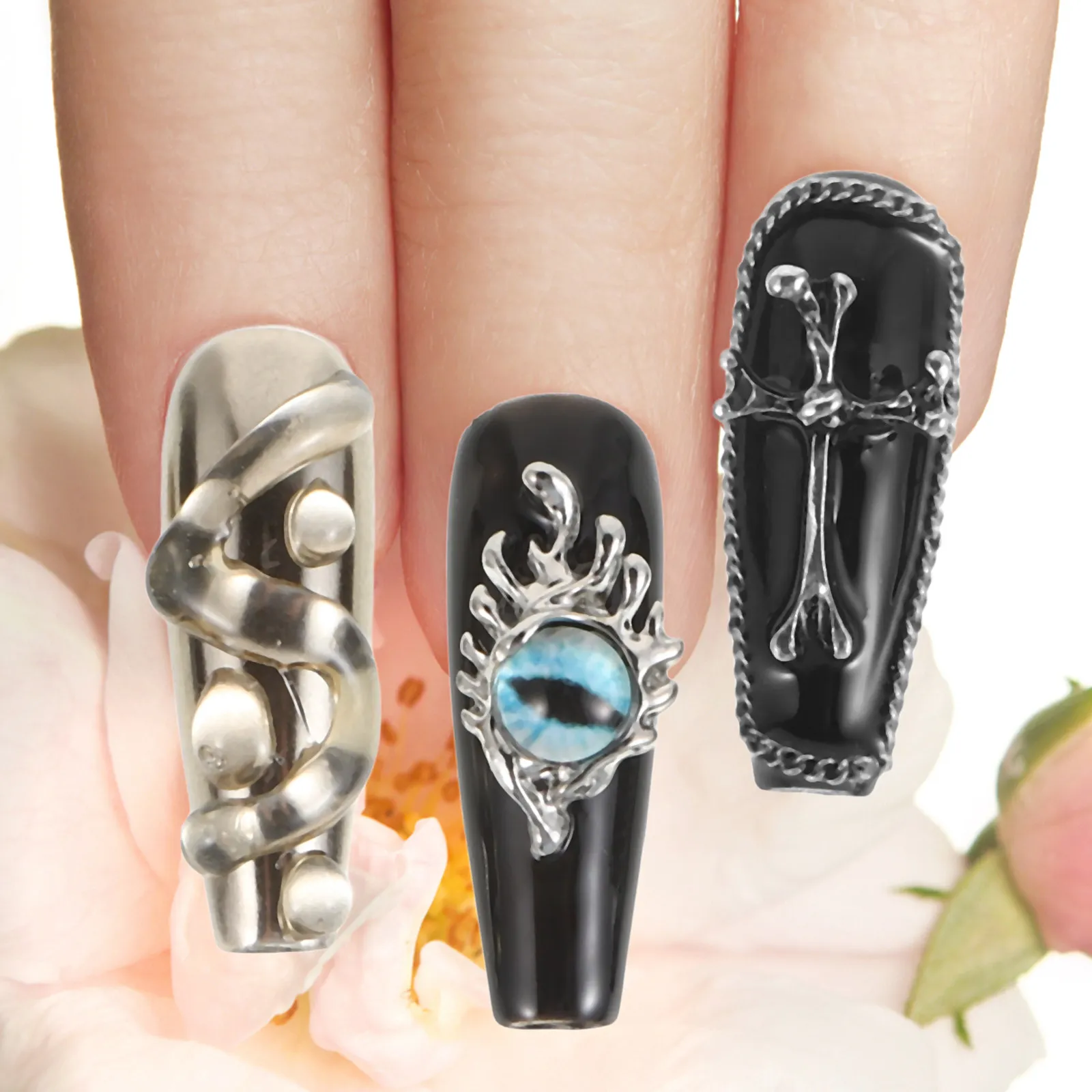 

10Pcs Press on Nails Black Handmade Cross Butterfly Full Cover Long Fake Nail Tips Halloween Goth Manicure Artificial Nails