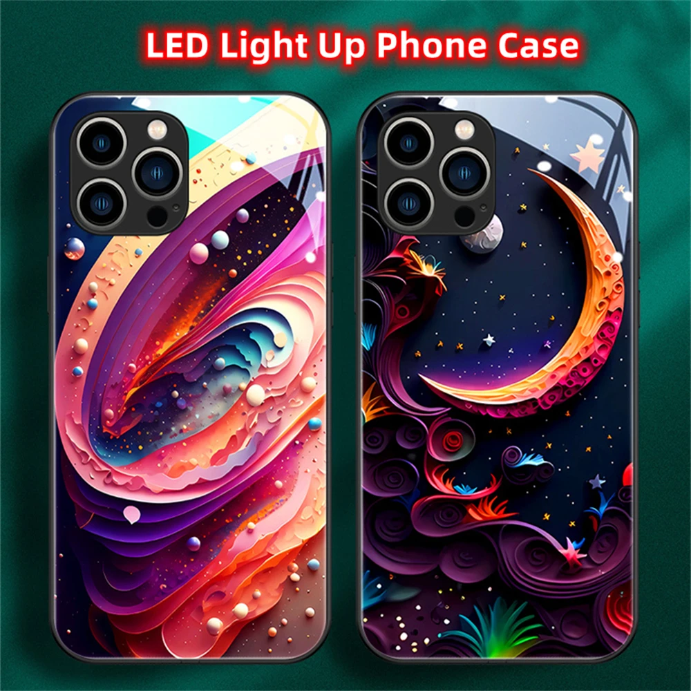 Dream Universe Pattern Luminous Glass LED Call Light Up Flash Phone Case Cover For iPhone 15 14 13 12 11 Pro Max X XR XS Plus