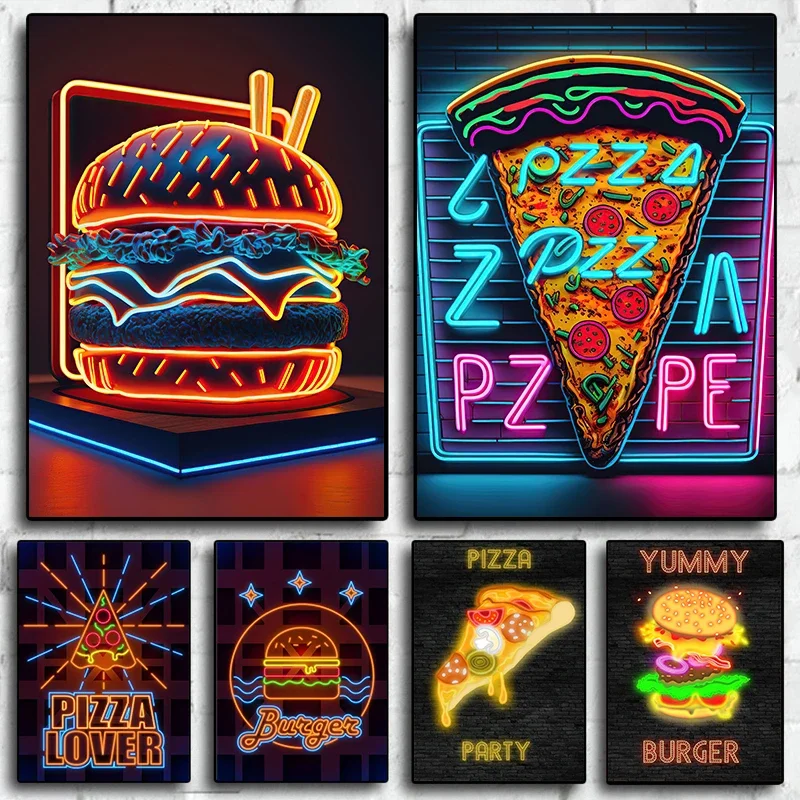 1pc frameless Canvas Painting 1pcs(No frame)Neon Poster Pizza Burger HD Pictures Canvas Paintings And Prints Wall Art For Living