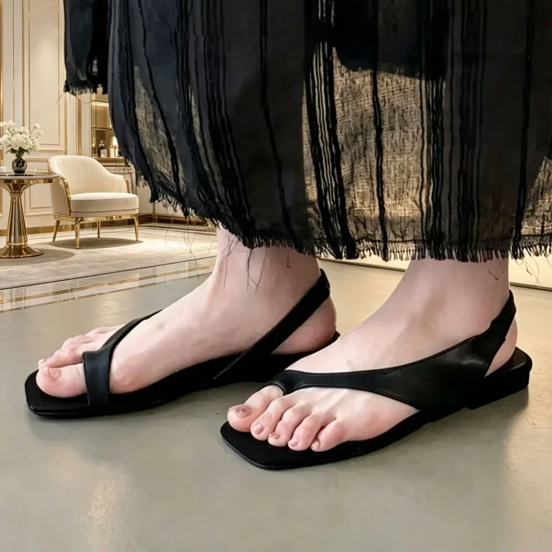 2026Women Flat Sandals Casual Soft Leather Suede Square Clip Toe Summer Shoes for Women Beach Party Daily Wear Sandalias Mujer - view 5