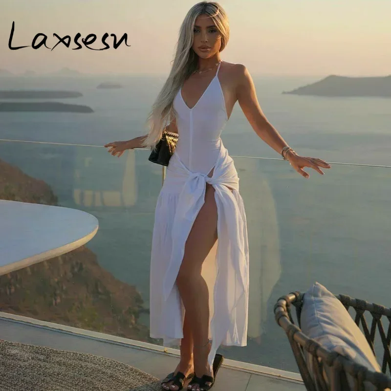 Laxsesu White Two Piece Skirts Set Autumn Outfits Sexy Backless Bodysuit + Pleated Lace-up Long Skirt Suits Female Black Clothes