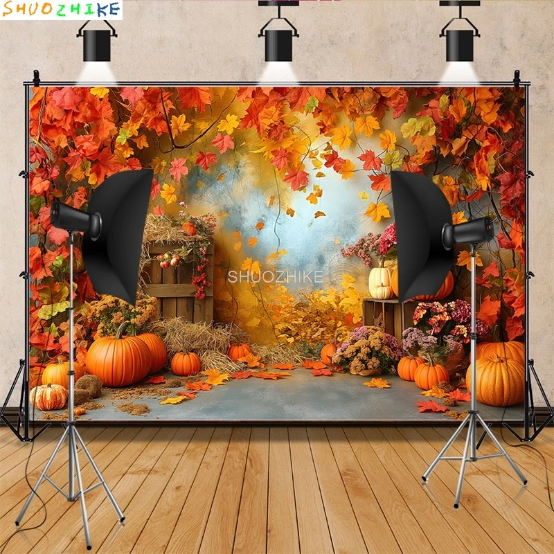 

Halloween Day Theme Photography Backdrops Props Wagon Flowers Fall Scene With Pumpkin Patch Door Photo Studio Background HW-02