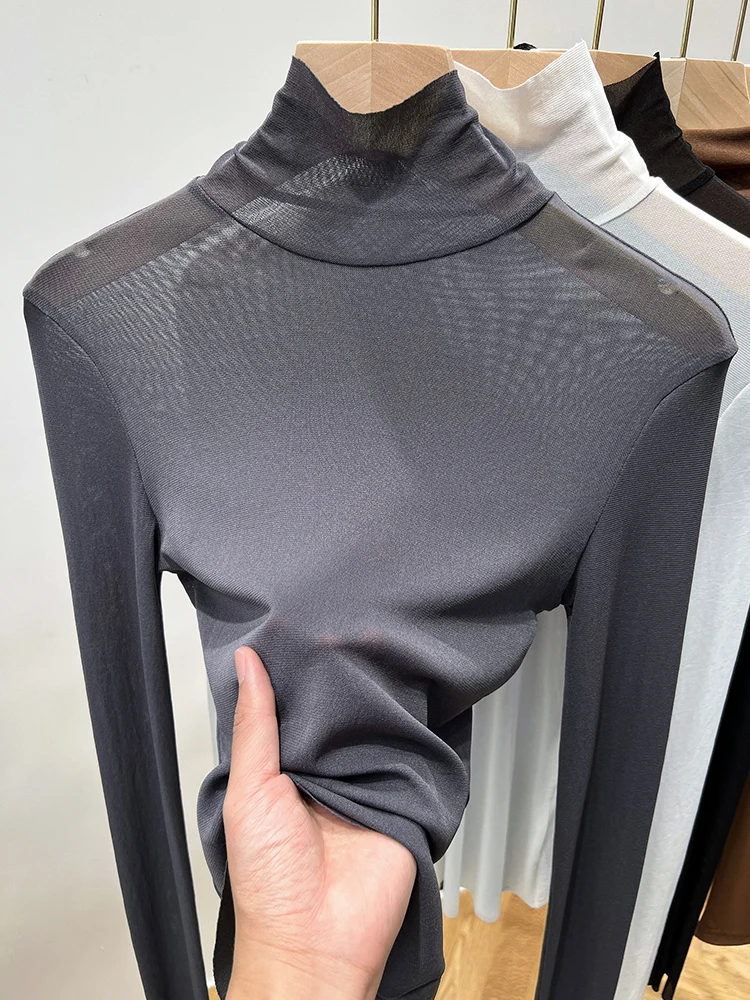 

Женская футболка с высоким воротником и вырезами, осенне-зимняя, облегающая, кружевная, с защитой от солнца, внутренняя одежда