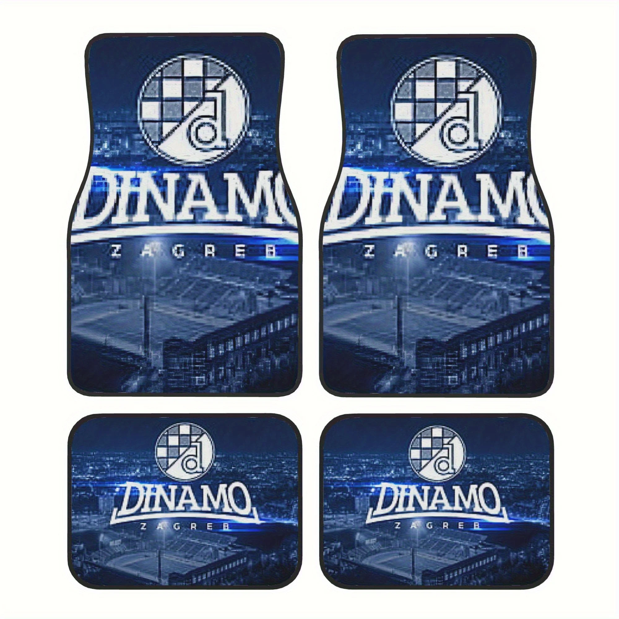 Set Of 4 Car Floor Mats Featuring The Dinamo Zagreb Football Club, Designed With A Blue And White Map Of Zagreb. They Have A Non