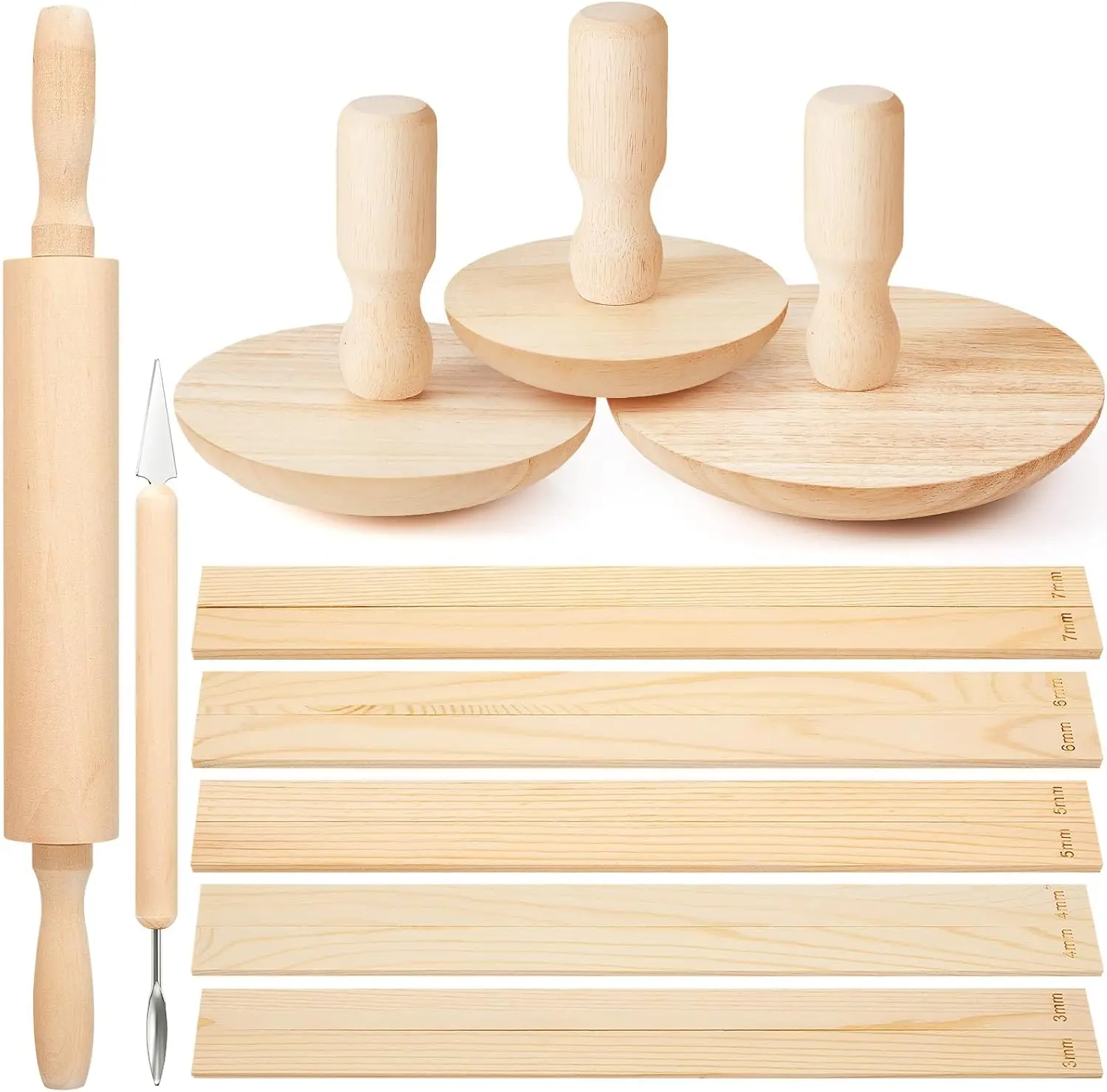 

18 Pcs Pottery Molds Set 4.5" 5.5" 6.5" Plaster Molds 3 Pack Wood Pottery Tools with Handle, Rolling Mud Stick, Wood Roll