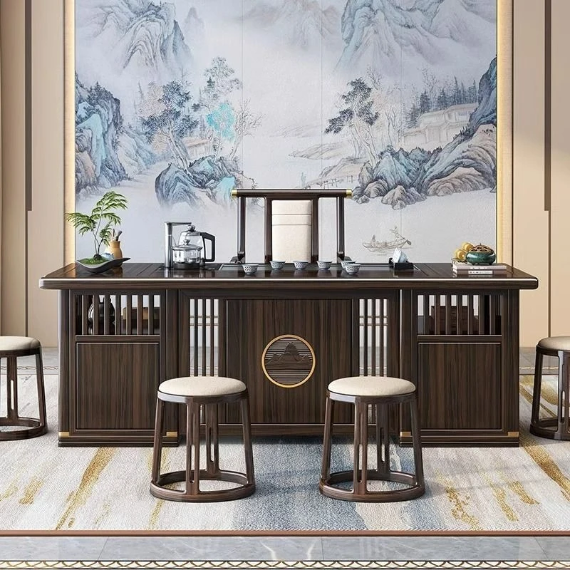 New Chinese style black gold wood solid wood tea table and chair combination, boiling water tea table, living room