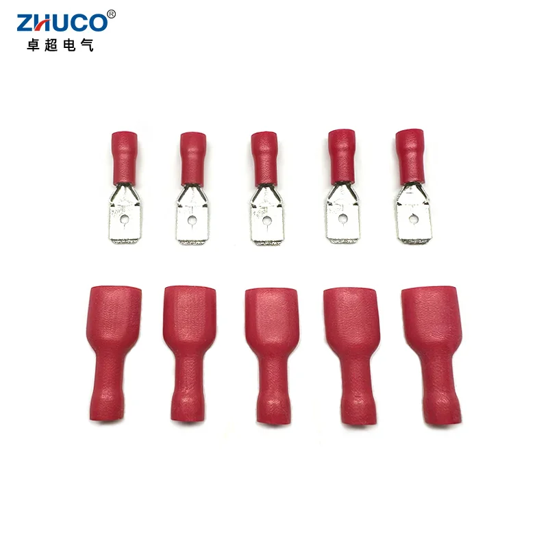 10Pairs FDFD1.25-250 MDD1.25-250 Female Male 6.35mm Red Insulated Wire Connector Faston Cable Brass Crimp Spade Terminal