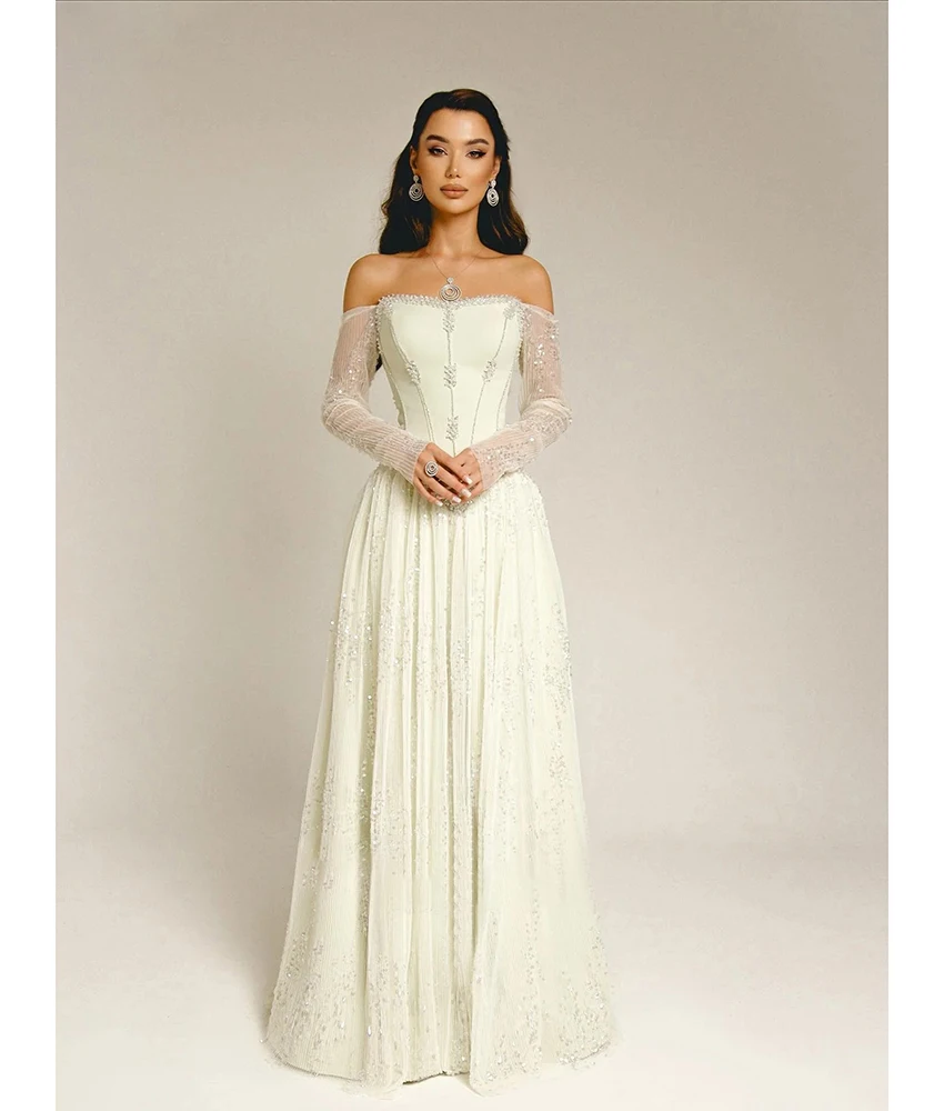 

Вечернее платье MCDV с индивидуальным дизайном, изящное, расшитое пайетками, А-силуэт, с открытыми плечами, бисером и кристаллами, высококачественное, с вырезом «сердечко», для выпускного вечера