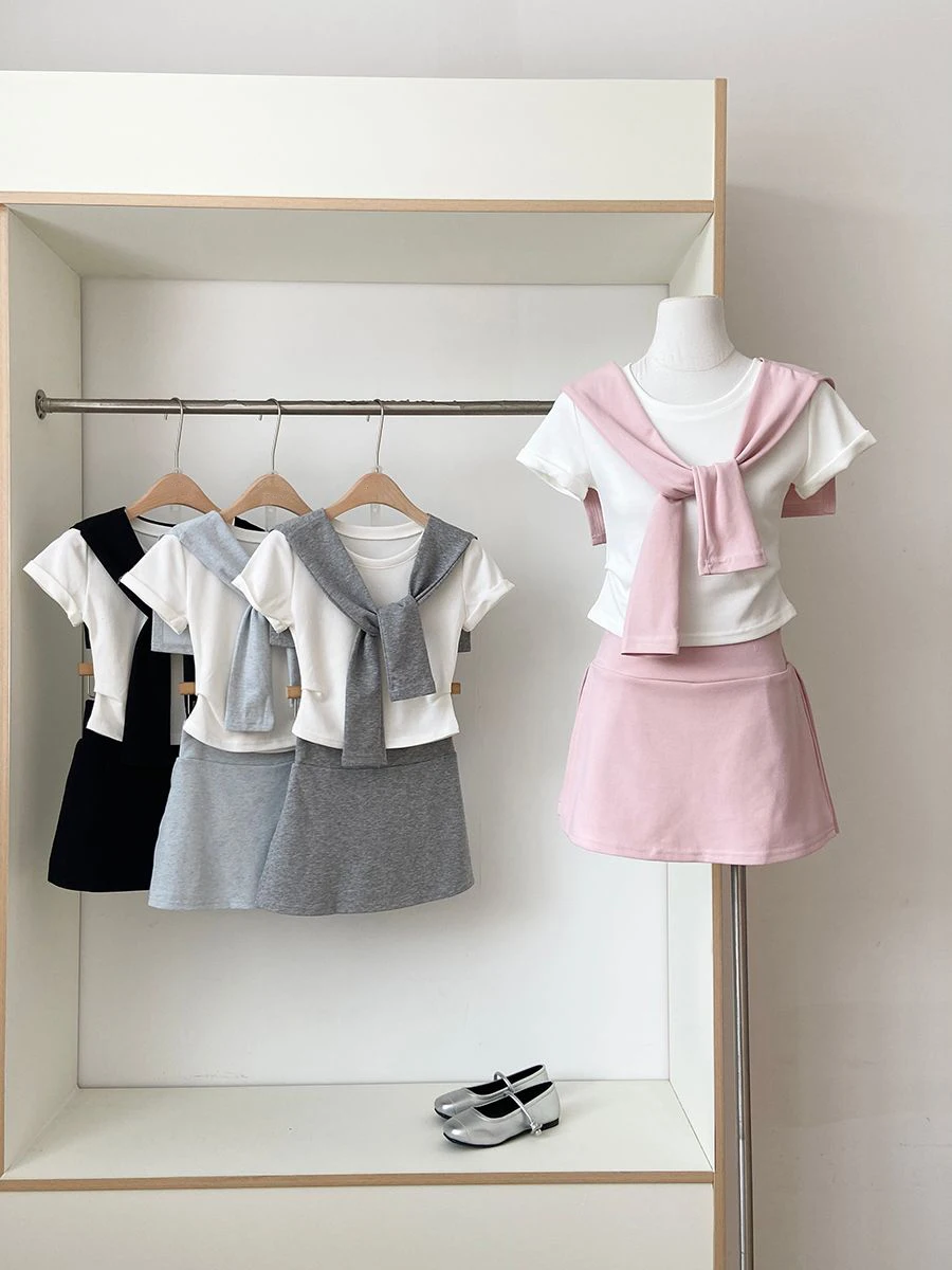 

Sweet Fashionable Three-Piece Set Women's High Waist Short Sleeve round Neck Casual Spring Summer College Style Slimming Skirt