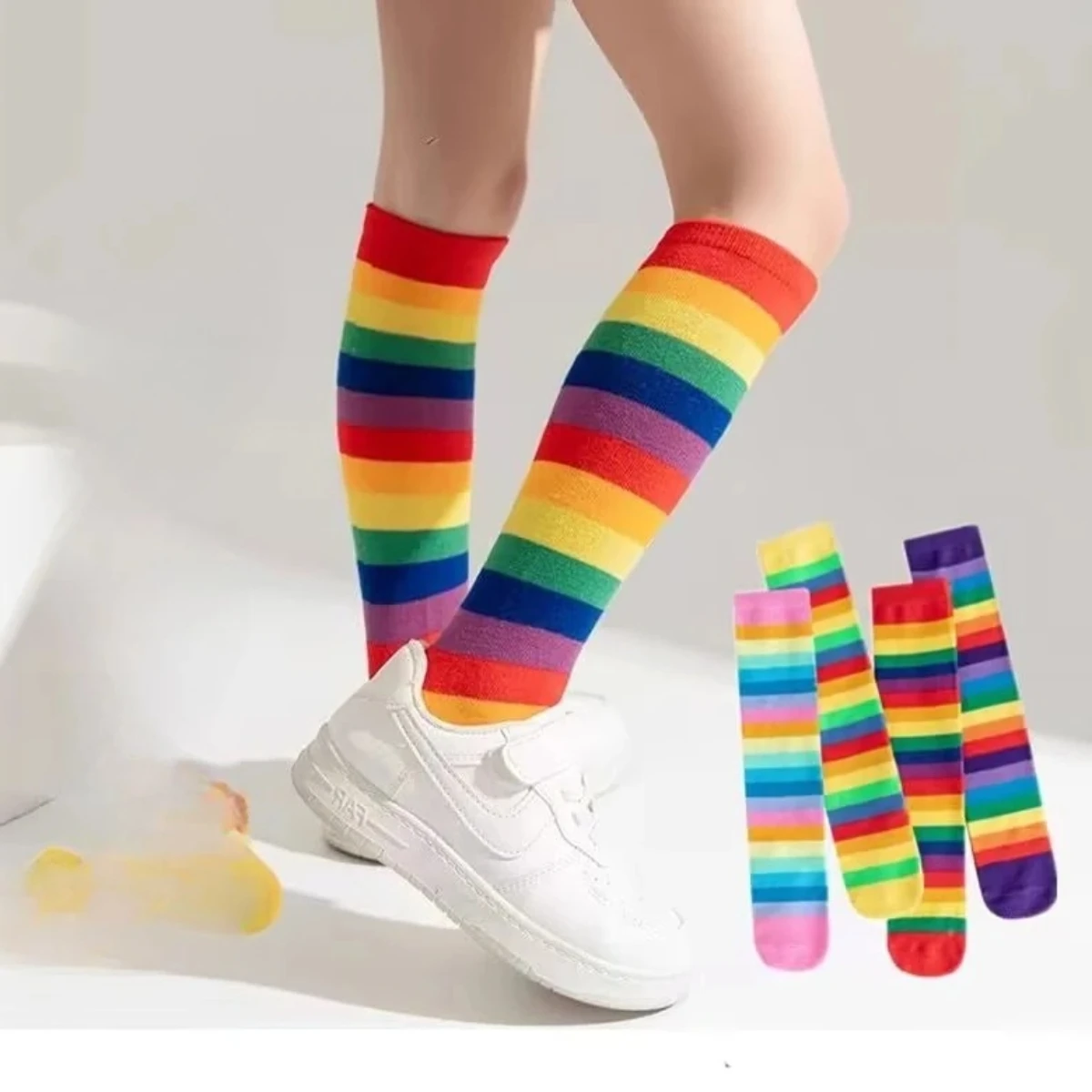 Lange Strümpfe für Kinder, Regenbogenfarben, gestreift, Frühling und Herbst, Teenager-Mädchen, Weihnachten, Cosplay, Party, Socken, Kinder, Mädchen, Kniestrümpfe