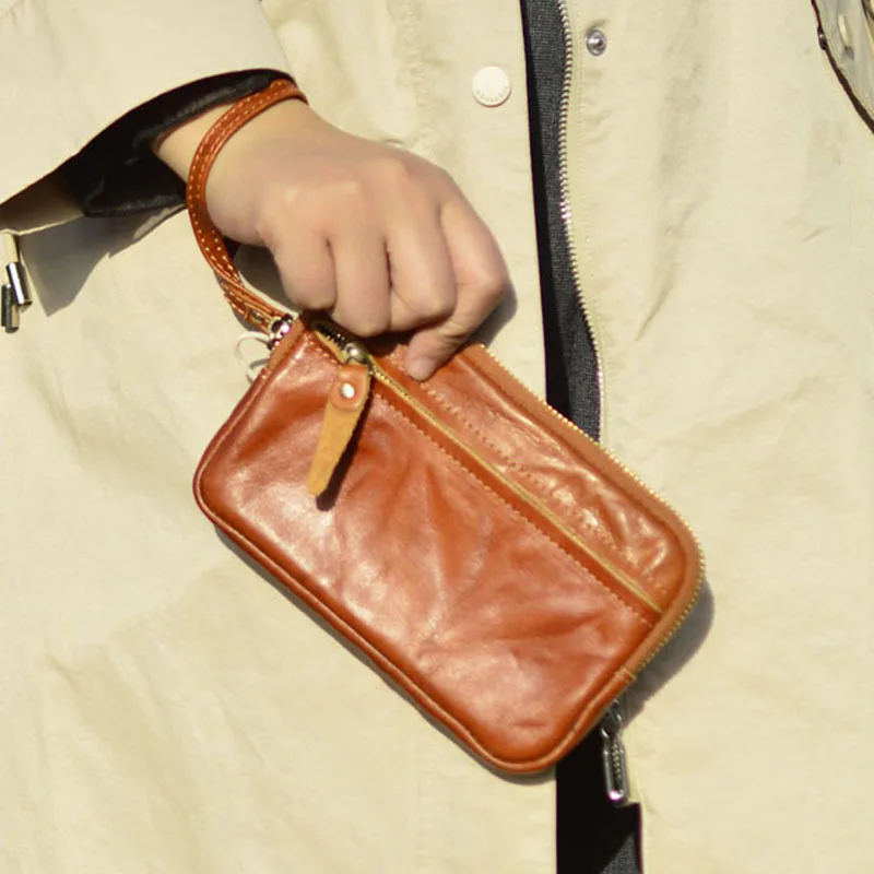 AETOO حقيبة يد جديدة من الجلد المدبوغ بالنباتات بسحاب من جلد البقر محفظة للعملات المعدنية ذات سعة كبيرة حقيبة للبطاقات حقيبة تخزين جلدية حقيبة مفاتيح #3