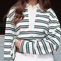 Women's Spring Fall Fashionable Striped Print Collared Tops Casual Long Sleeve Loose Fit Lapel T-shirts