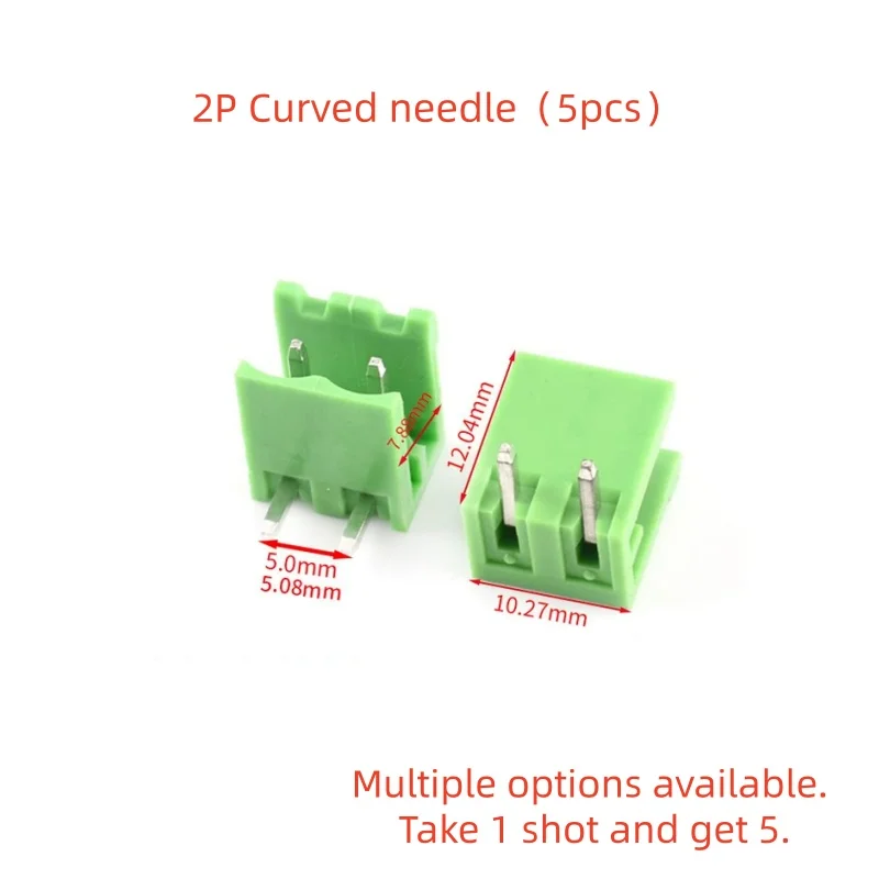 5pcs 5.08mm Pitch 2EDG Straight Pin PCB Screw Terminal Block 2/3/4/5/6/7/8/9/10/12Pin Curved needle Plug-in Socket