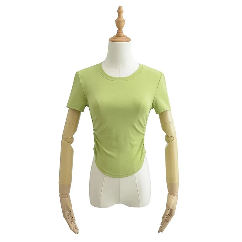 Harajuku Women Crew Neck Short Sleeve Cotton Tee With Ruched Sides Detail T-shirts