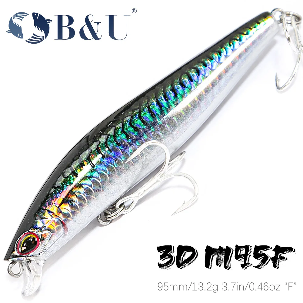 

B&U 3D Printing 95mm 13.2g Floating Wobbler Slatwater Fishing Lures Minnow Crank Wobbler Fishing Tackle Hooks Hard Bait