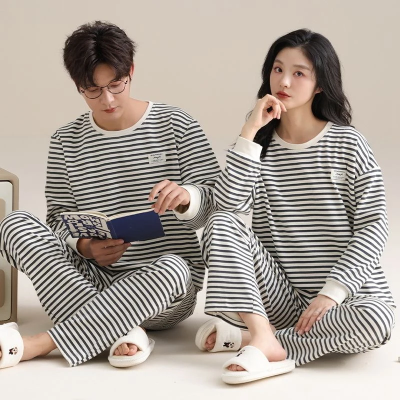 

New Autumn Winter Couple Long Sleeve Thick Warm Pajama Sets for Women Casual Striped Sleepwear Men Homewear Home Clothes Outfits