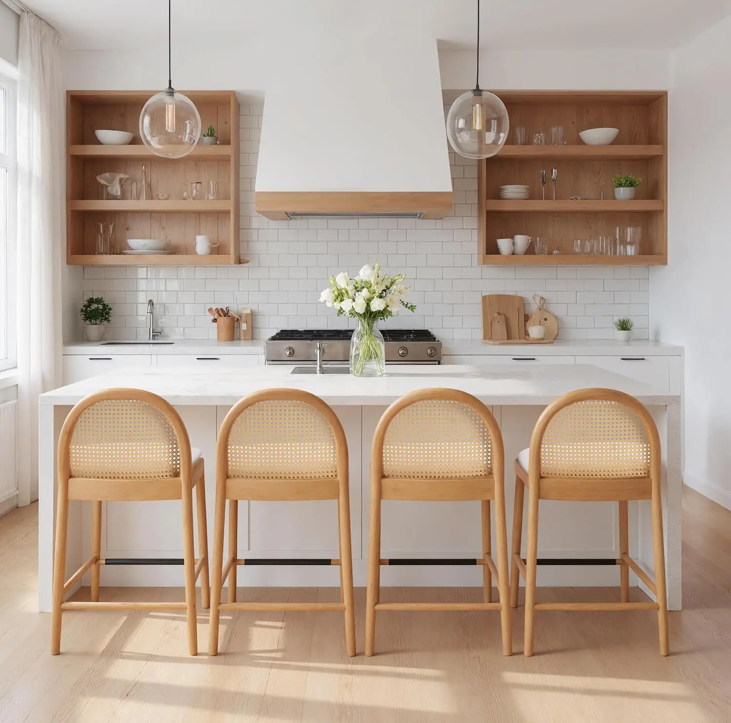 Rattan Bar Stools Set of 4, 26 Inch Counter Height Bar Stools with Backrest, Farmhouse Linen Fabric Kitchen Stool with Wood Legs