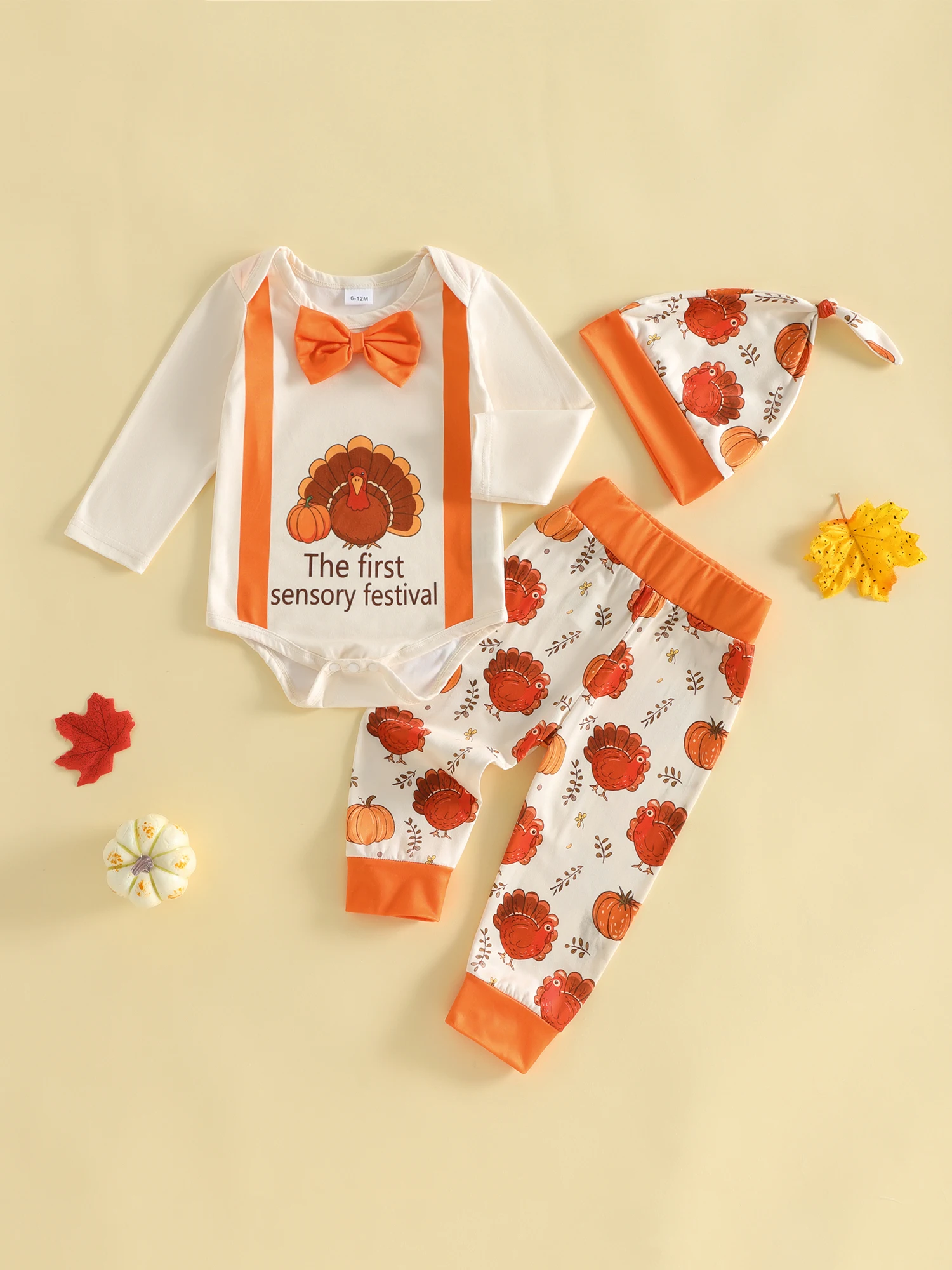 Boy Thanksgiving Outfits Print Pumpkin Turkey Print Pants Bowtie Romper Pumpkin Sleeve Bowtie Romper Boy Thanksgiving Boy