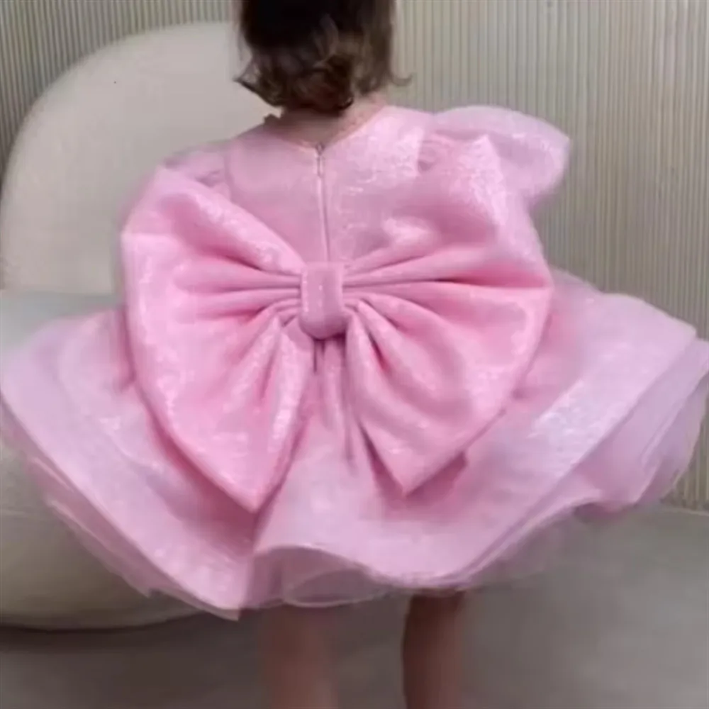 Cute Flower Girl Princess Bow Tutu Dress Puff Sleeve Infant Toddler Child Vintage Shinning Vestido Wedding Party Baby Clothes