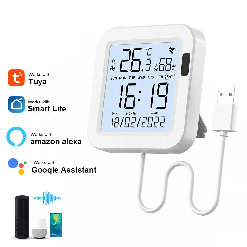 Tuya Smart WiFi Temperature And Humidity Sensor USB Power With LCD Screen Display Smart Life Support Alexa And Google Assistant