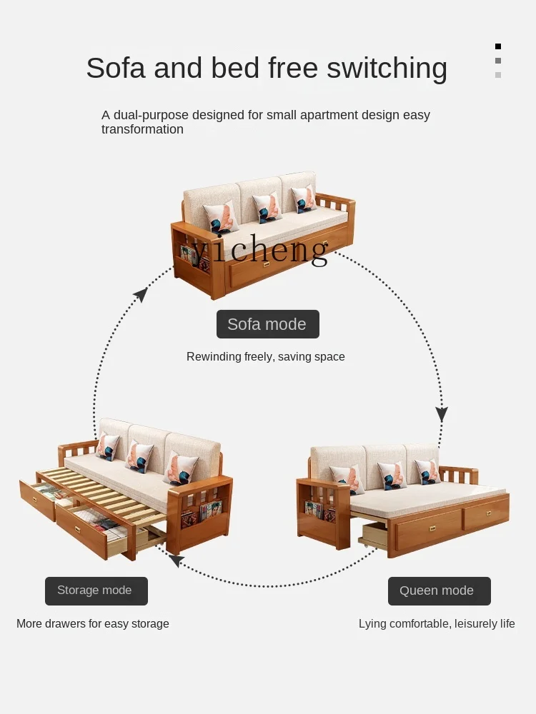 Solid Wood Sofa Bed Foldable Dual-Purpose 1.5 M Storage Retractable Multi-Functional Living Room Sofa Bed