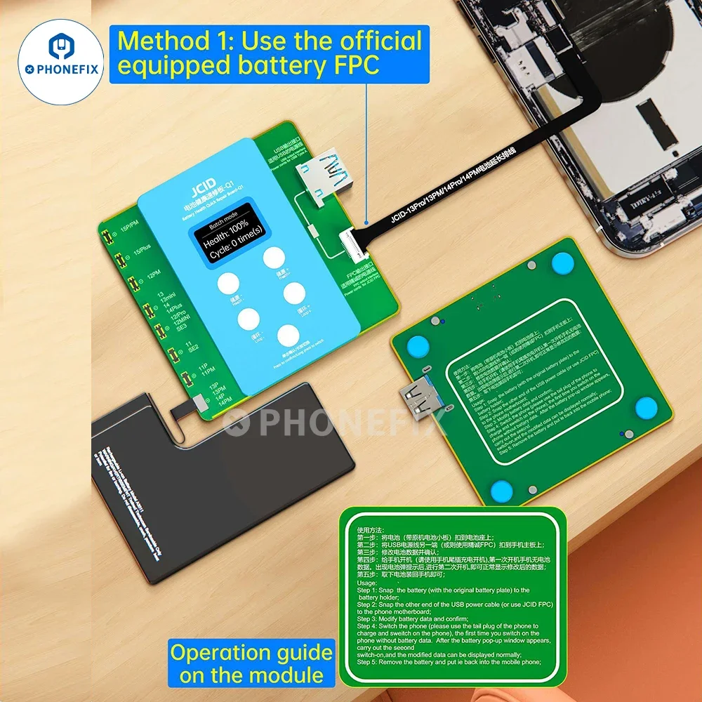 Calibrador de batería JCID Q1, placa de reparación rápida de salud para iPhone 11, 12, 13, 14, 15PM, ciclo de datos de salud, modificación sin