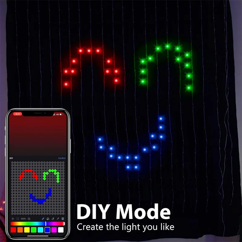 400LEDs Smart Curtain Lights Curtain String Lights Dynamic DIY Color Changing Pattern Text APP Remote for Home Party Decor