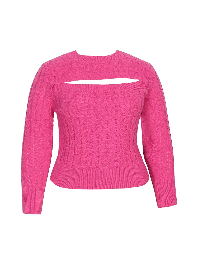 Plus Size Sexy Cutout Knit Sweaters for Women Solid Color Long Sleeve Pullover Fall Fashion Crewneck Slim Fitted Jumper Tops