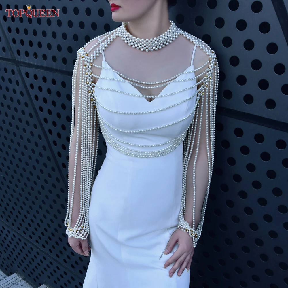 TOPQUEEN VG67 Pearls Bridal Wraps Wedding Jacket Sexy Pearl Body Chain For Women Necklaces Shawl  Shoulder Pearl Sweater DIY