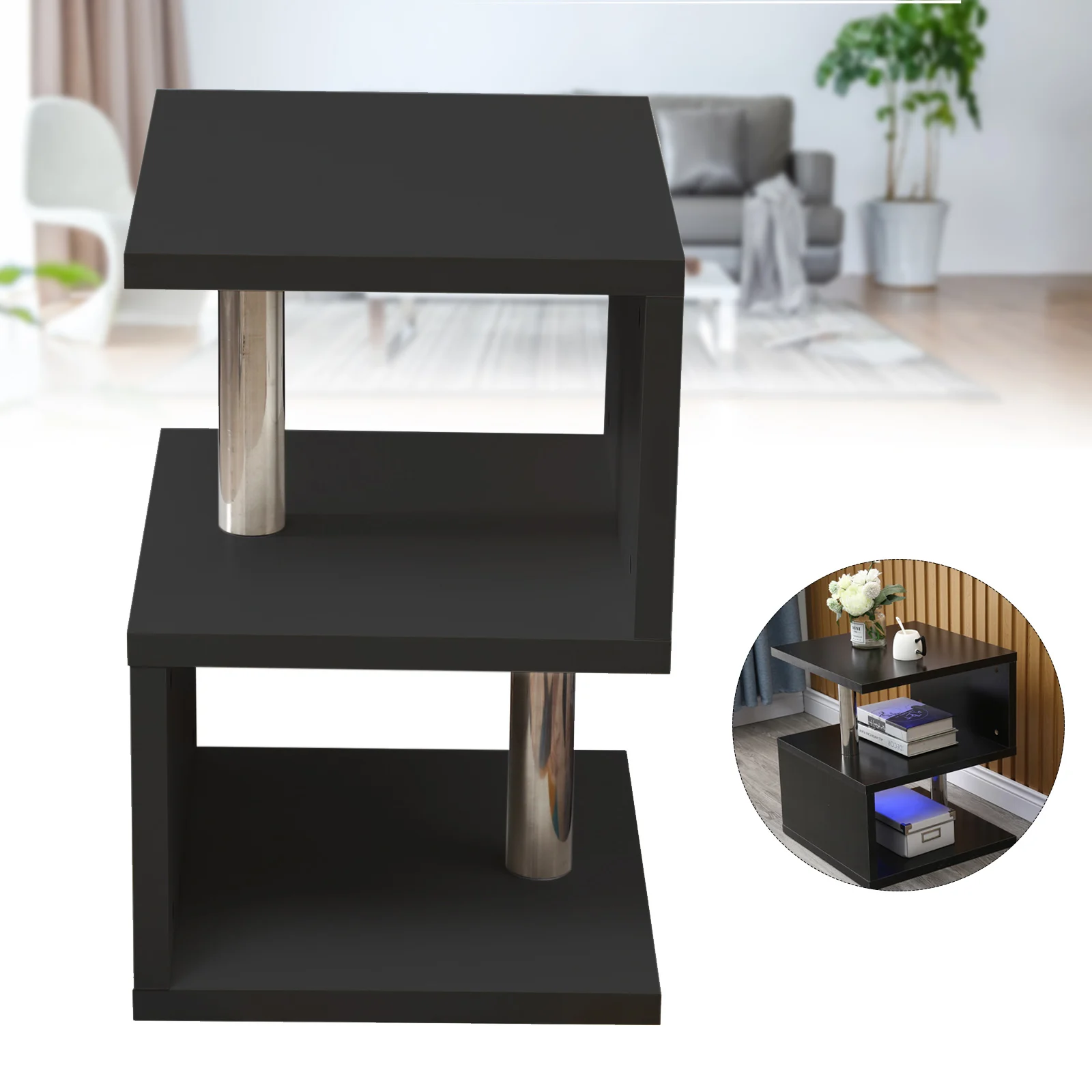 CNCEST Modern Coffee Table Modern Side Table LED High Gloss S-Shaped W/Drawer End Table Living Room Furniture