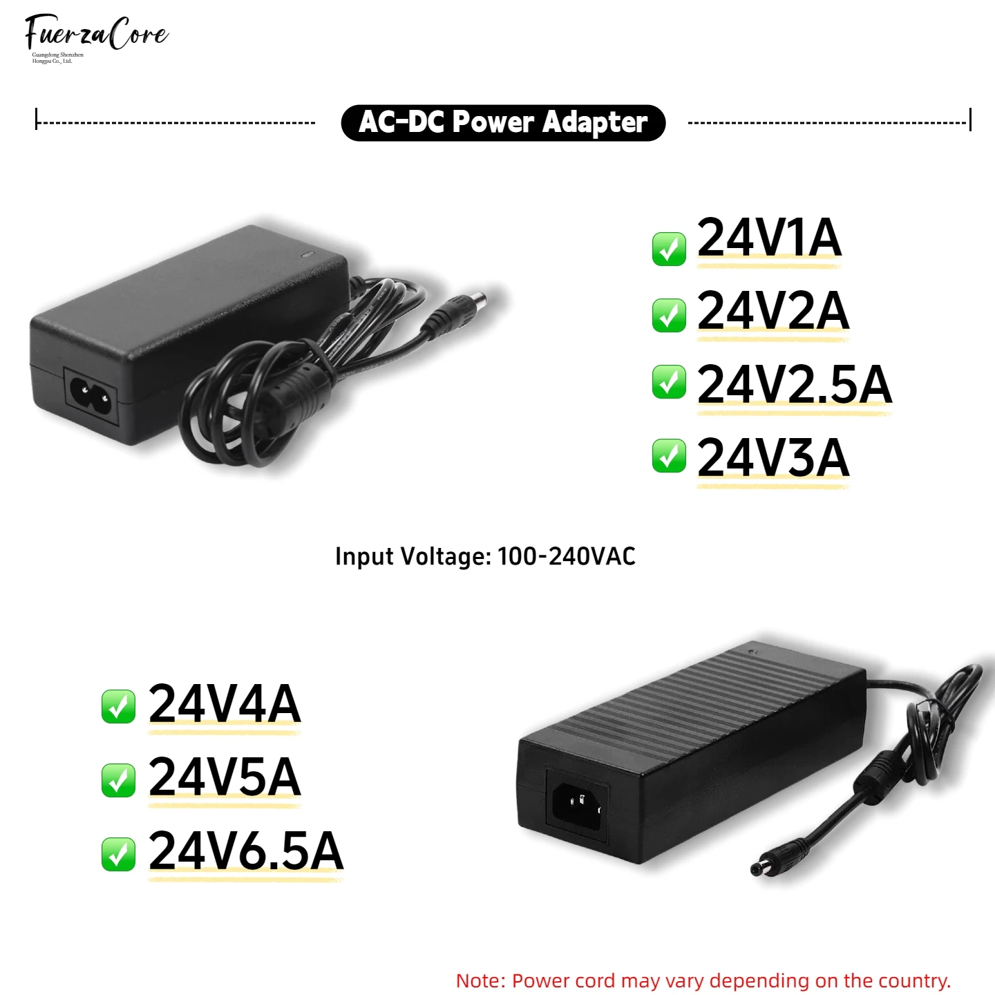 

Адаптер питания 24 В, 1 А, 2 А, 2,5 А, 3 А, 4 А, 5 А, 6,5 А, выходной ток 100–240 В переменного тока в постоянный ток, оснащенный стандартным шнуром питания для страны ЕС, США, Великобритании, Австралии.