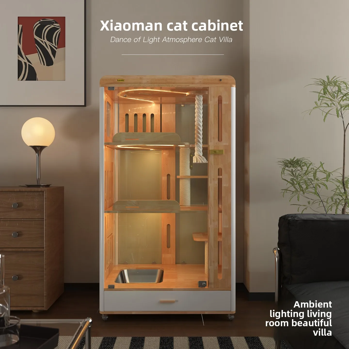Small Apartment Solid Wood Panoramic Transparent Cat Villa Cabinet Cage Nest Cat Litter Box Integrated Transparent Indoor