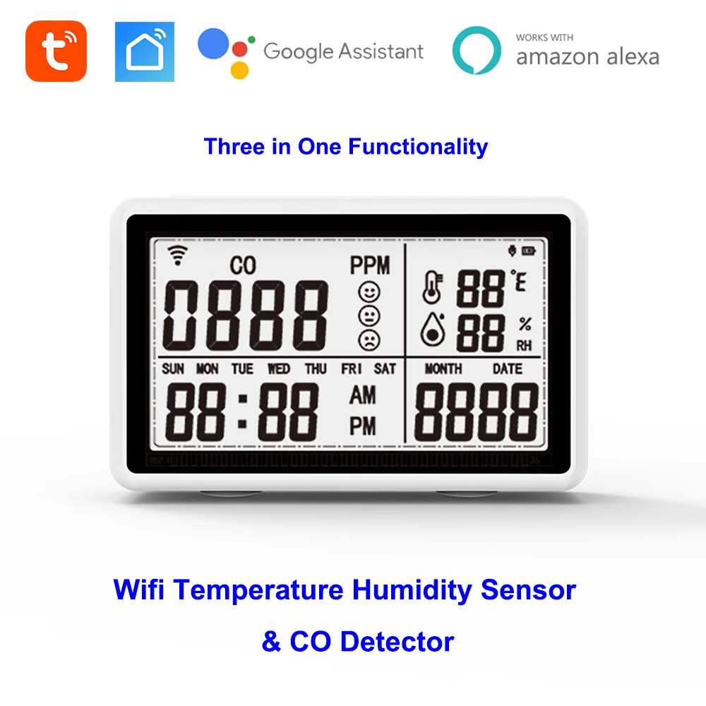 Functional 3 In 1 Wifi Smart Tuya Thermometer Humidity Meter Carbon Monoxide Detector Household Intelligent Sensor APP Control