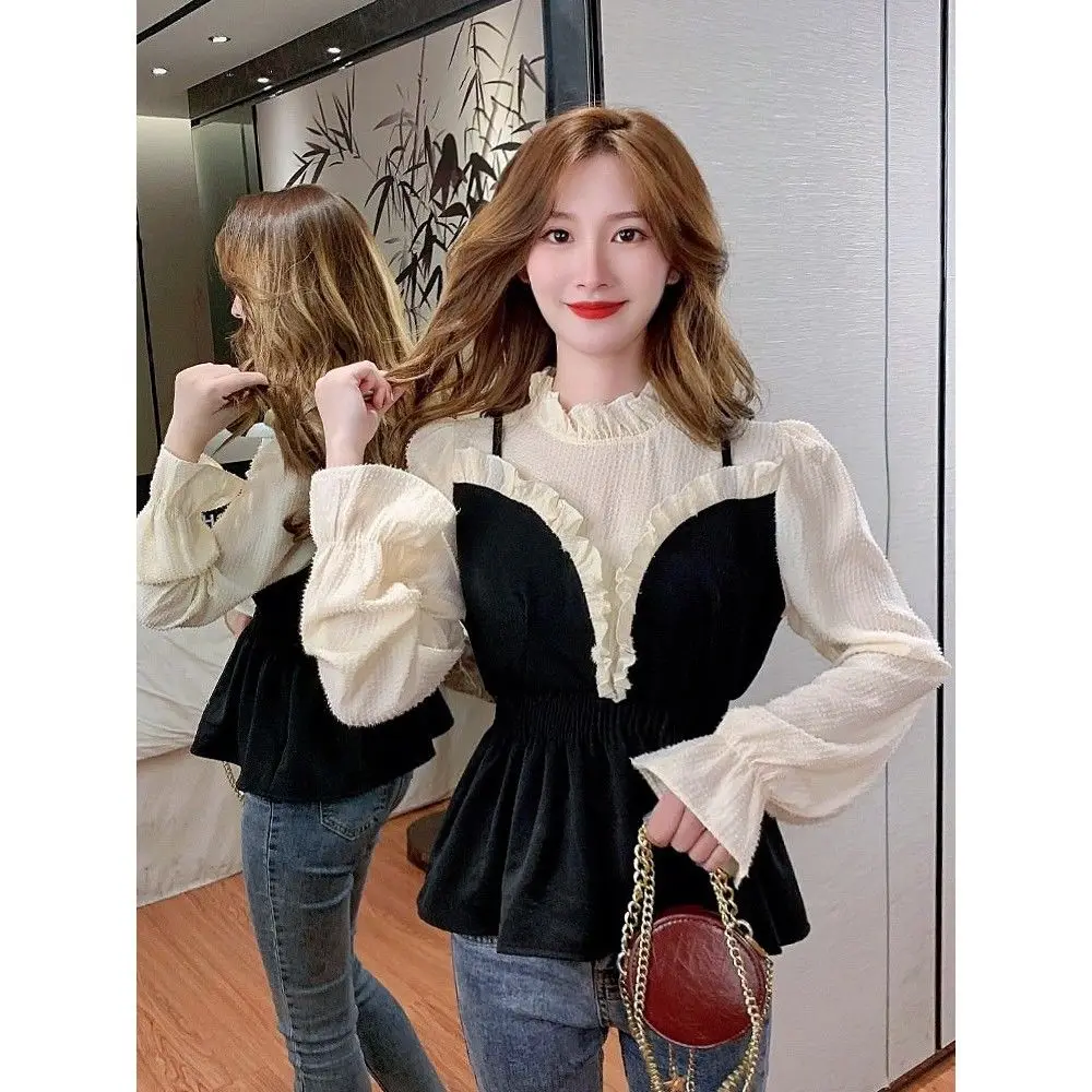 Chiffon Women\'s Top with Camisole and Fake Two-piece Fashionable Casual Flared Sleeve Lace Up Waist Long Sleeved Shirt for Women