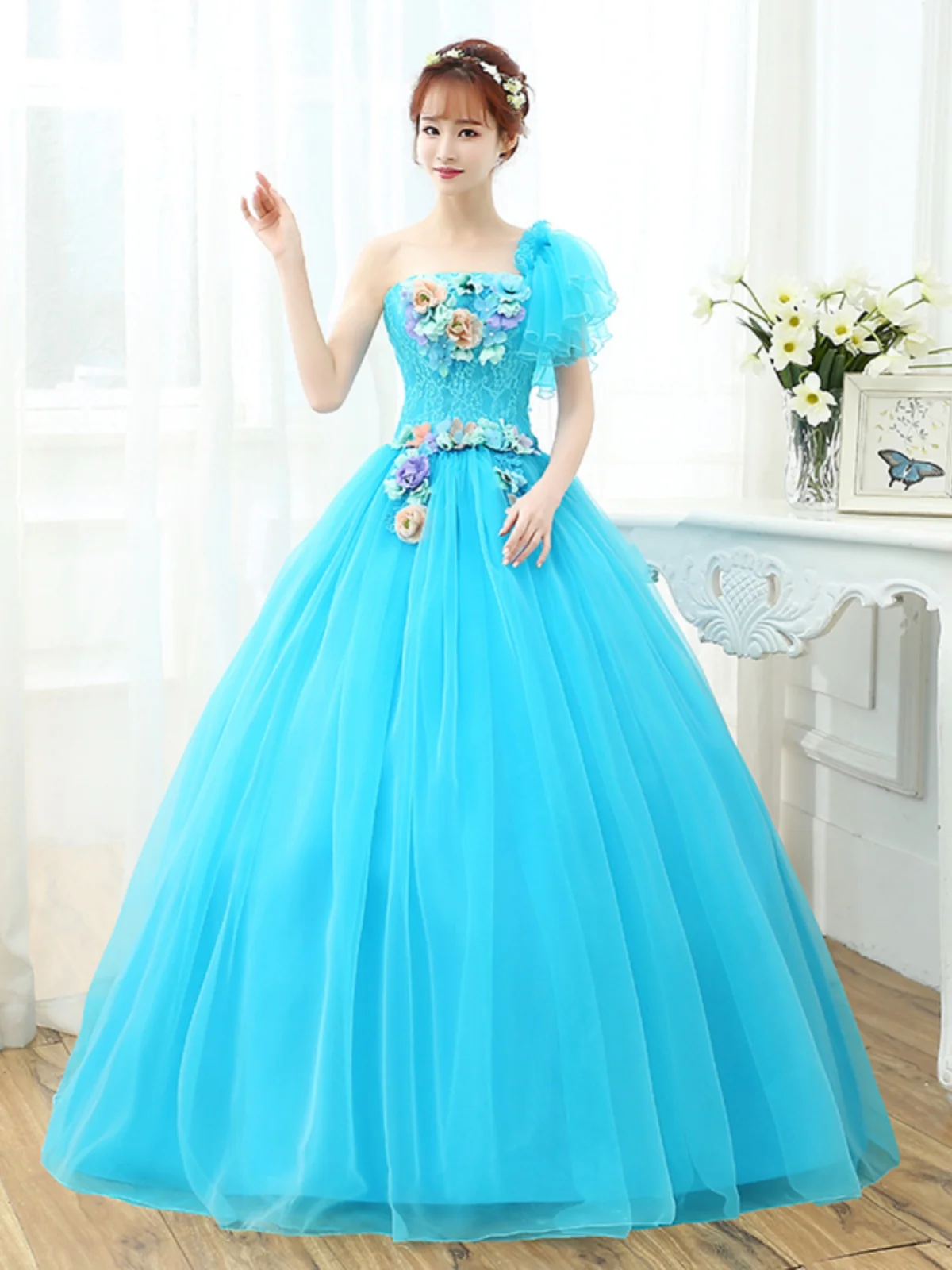 

Customized Ball Gown Evening Dresses One Shoulder Appliques Tulle Prom Birthday Party Gowns Formal Vestido De Noche