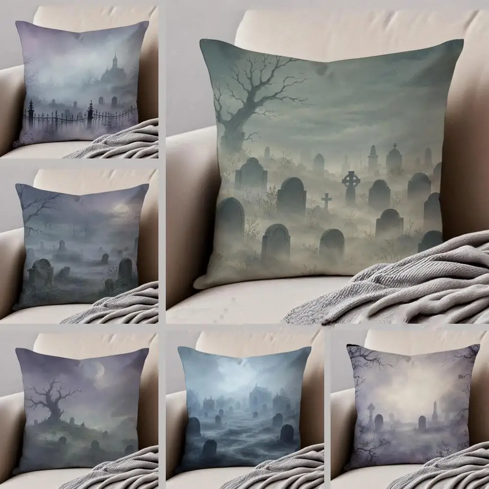 Halloween Graveyard Mist Cushion Cover Throw Pillow Cover Hidden Button Durable Polyester Chair Cushion