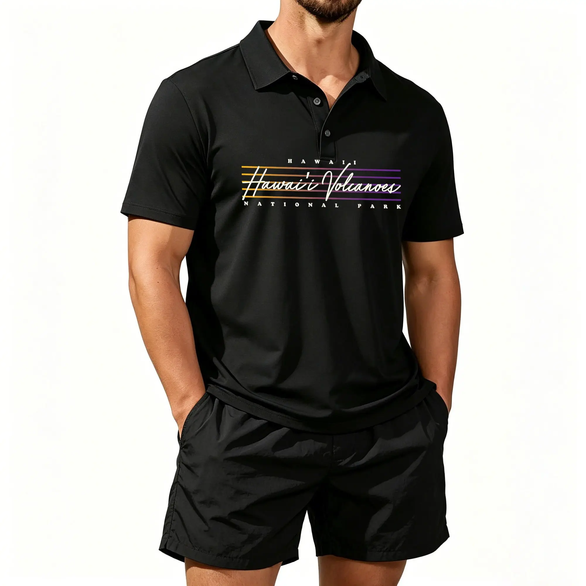 Conjunto de Camiseta Polo de Manga Corta para Hombre con Diseño Retro de Volcán Hawaiano, Adecuado para Uso Diario y Actividades al Aire Libre. La tela es transpirable y agradable al tacto y se puede lavar a máquina.