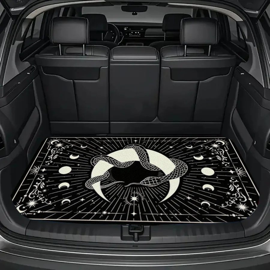 1pc Black And White Moon Snake And Stars Pattern Printed Car Trunk Mat, Interior Protection Cargo Liner, Durable Polyester Floor