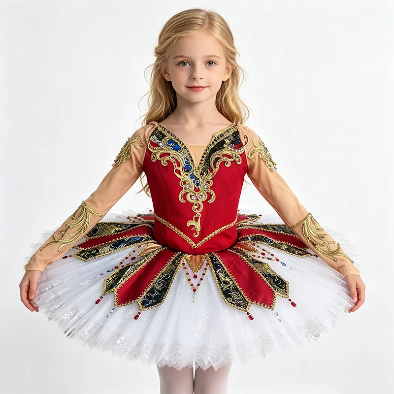 Womens Long Sleeve V Neck Ballet Tutu Performance Dress Gold Line Scroll Rhinestone Diamond Patch Trim Red Gold Contrast Glitter