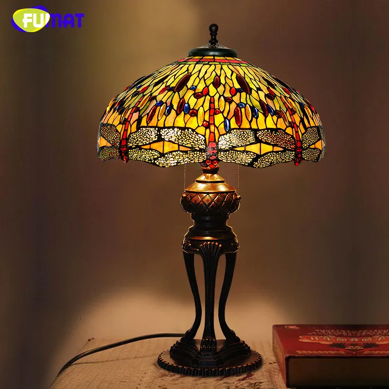 

FUMAT Stained Glass Table Lamp Antique Dragonfly Living Room Bedside Lamp LED Glass Art Lamp Office Studio Stand Light Fixtures