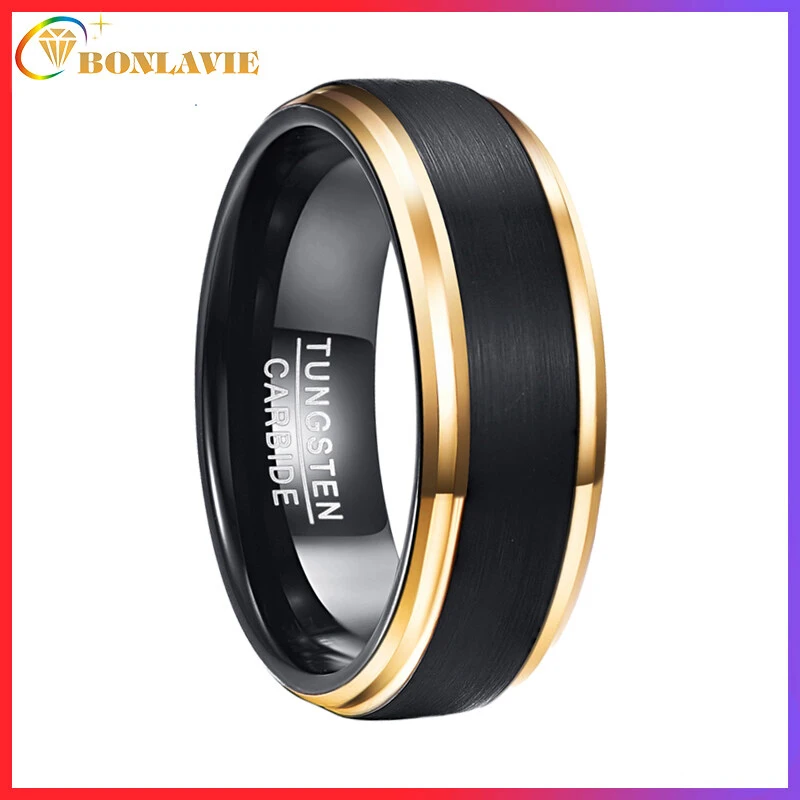 BONLAVIE Ring Gold Color Edge Promise Band Men Rings Tungsten Carbide Multi-size Anillos Para Hombres Pierscienie Wholesale