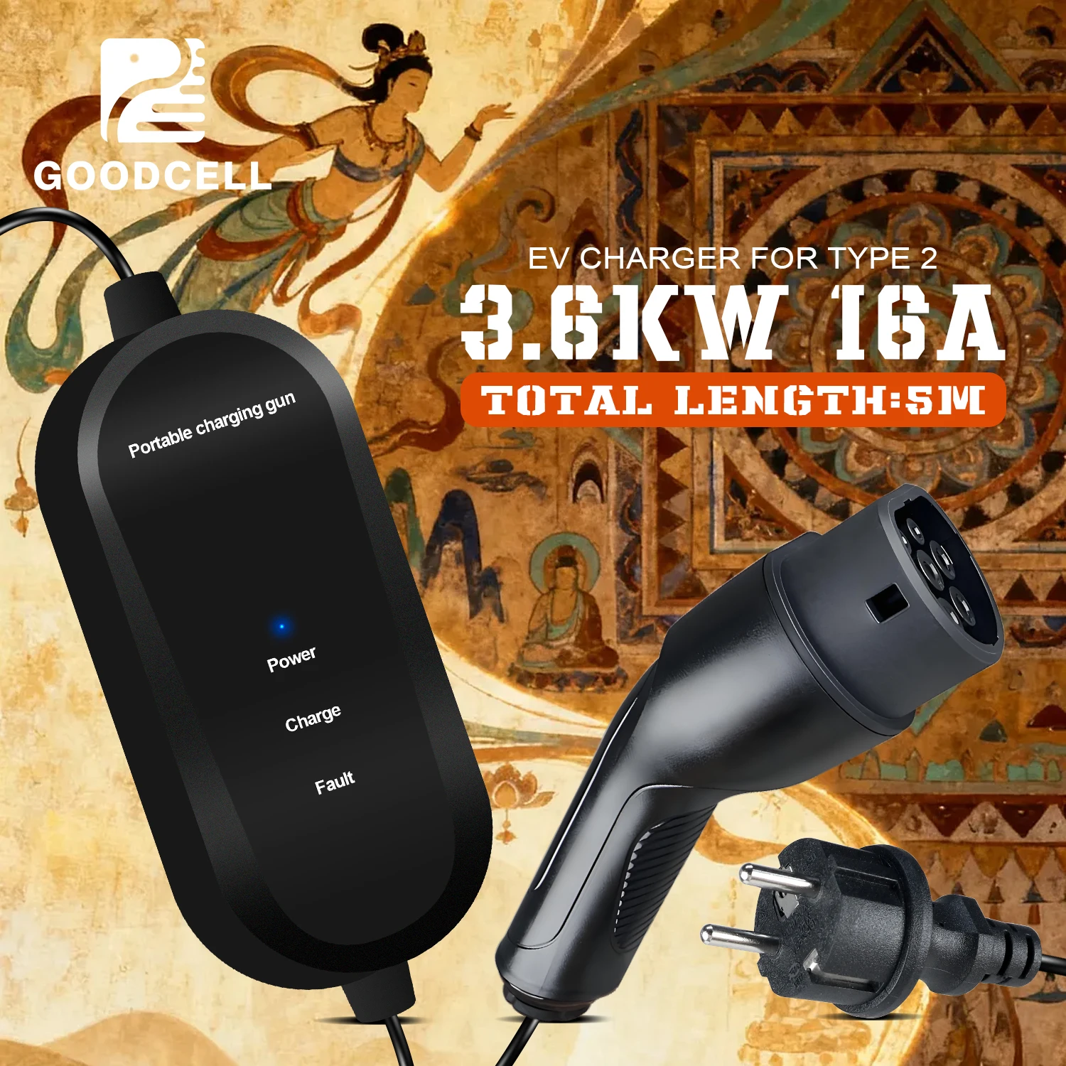 

GOODCELL Type2 EV Portable Charger 16A 3.6KW IEC 61851 Standard Timing Charger Total Length 5 Meter For Electric Cars