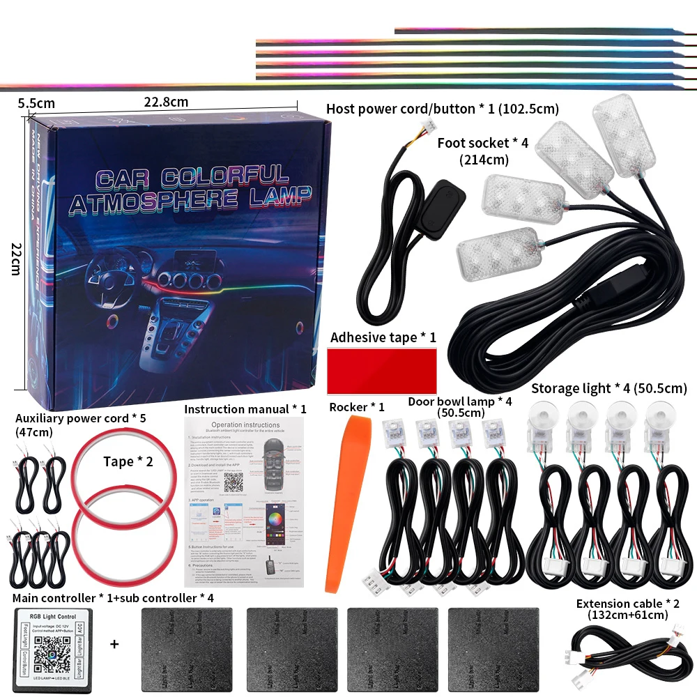 6/10/14/18 in 1 Car Ambient Light LED RGB Symphony Streamer 64 Color Acrylic Strips Interior Atmosphere Lamp Kit Control By App