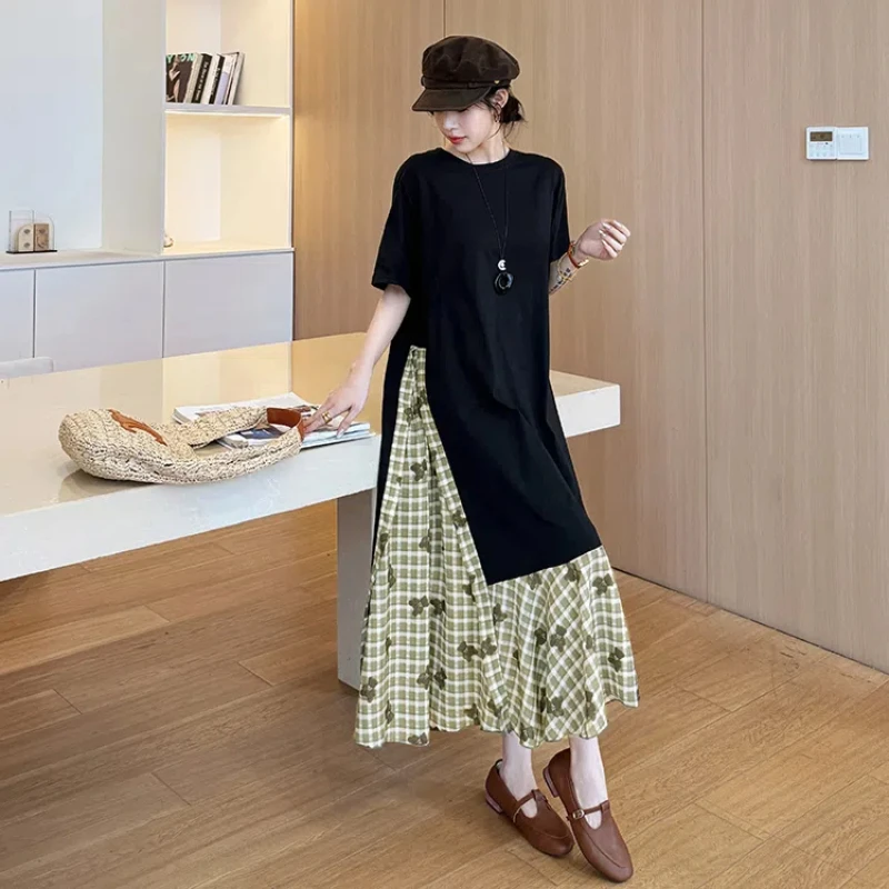 ルーズ婦人服 2025 夏プラスサイズの女性の Tシャツドレスチェック柄パッチワーク Vestidos プリント花女性ローブ KE7795