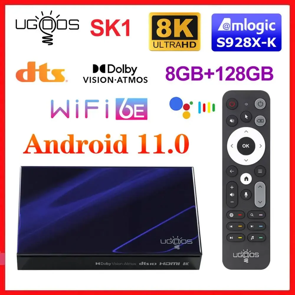 

UGOOS SK1 TV BOX 8K Amlogic S928X-K Android 11.0 LPDDR4 8G128G Dolby Vision Audio ATMOS DTS HD Widevine L1 WiFi6 BT5.2 1000M